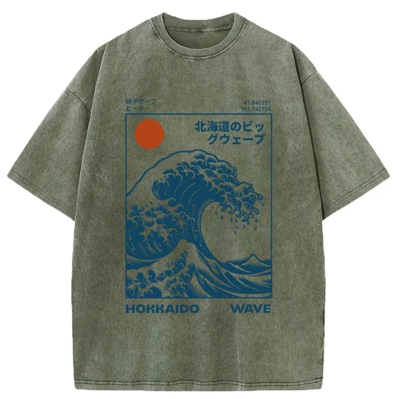 Modecanvas Hokkaido Wave Japan Washed T-Shirt-modecanvas