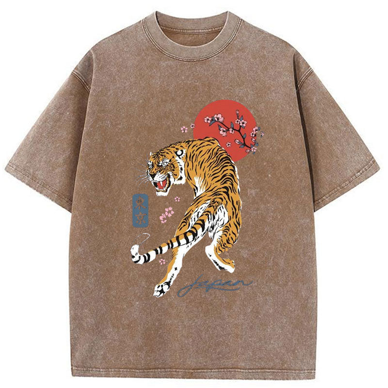 Modecanvas Tiger Blossom Japanese Sakura Washed T-Shirt-modecanvas