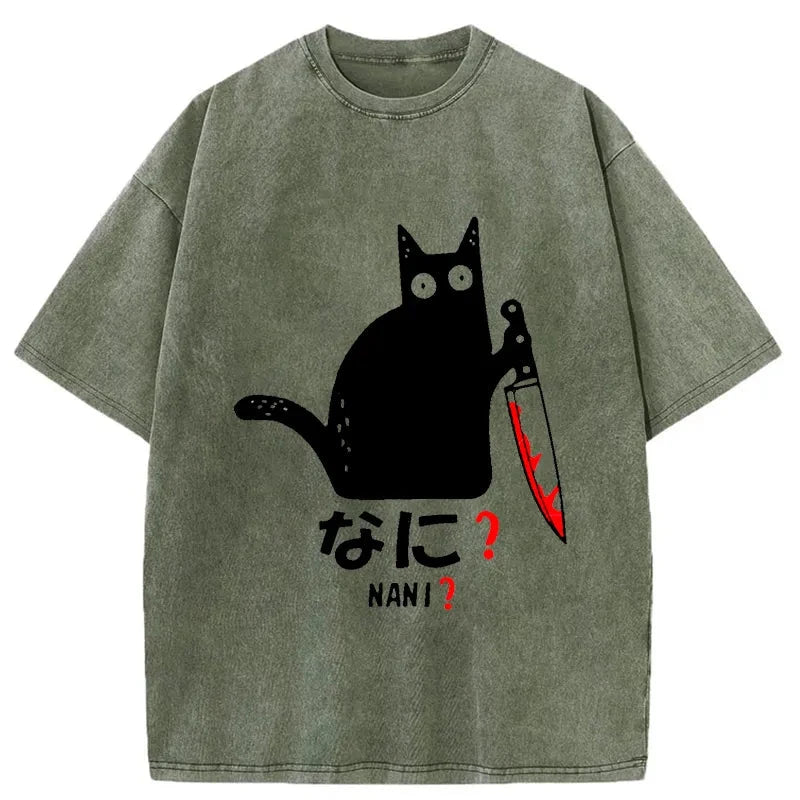Modecanvas A Puzzled Cat Holding A Knife Washed T-Shirt-modecanvas