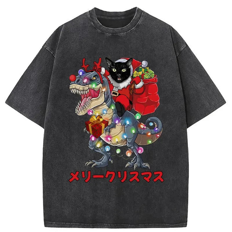 Modecanvas Cat Riding Dinosaur Christmas Washed T-Shirt