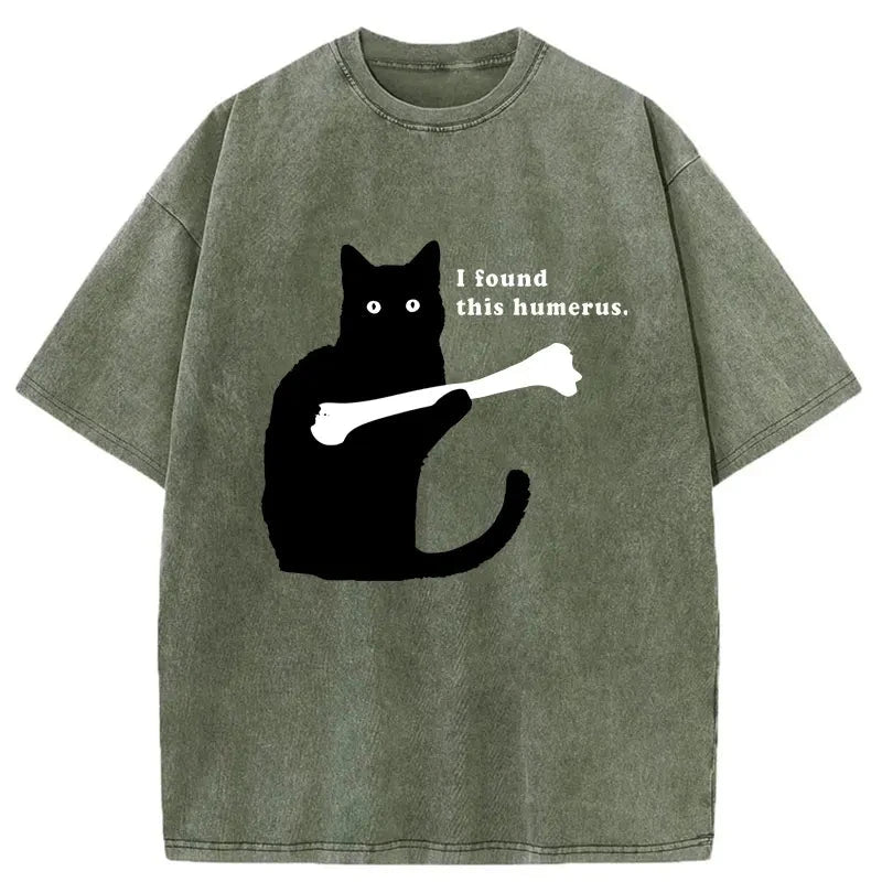 Modecanvas Cat Finds Human Bones Washed T-Shirt-modecanvas