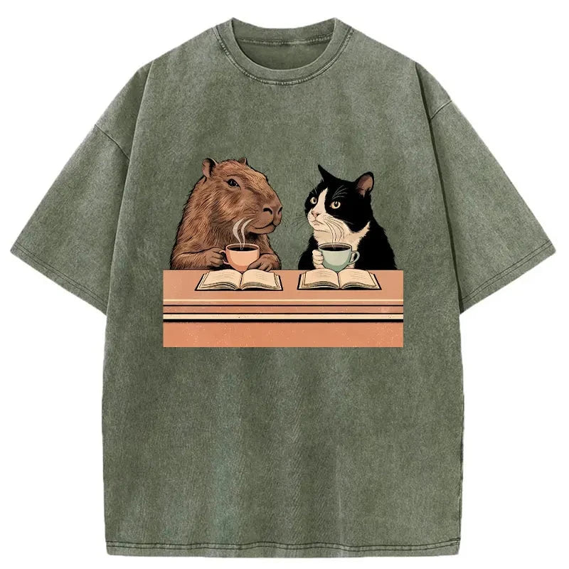 Modecanvas Capybara And Cat Talk Washed T-Shirt-modecanvas