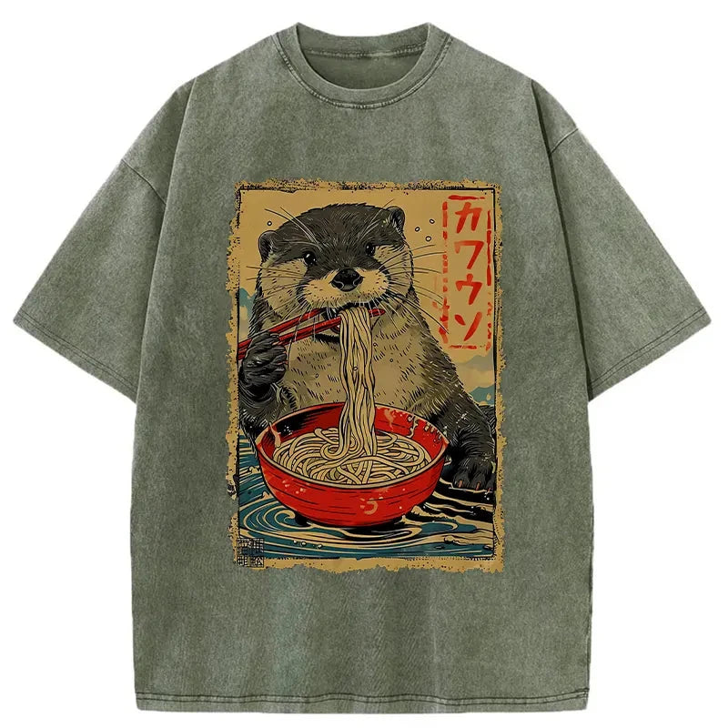 Modecanvas Otter Eating Ramen Japan Washed T-Shirt