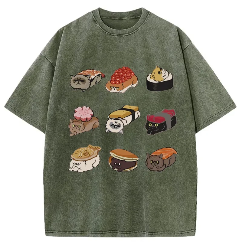 Modecanvas Cute Cat Sushi Washed T-Shirt