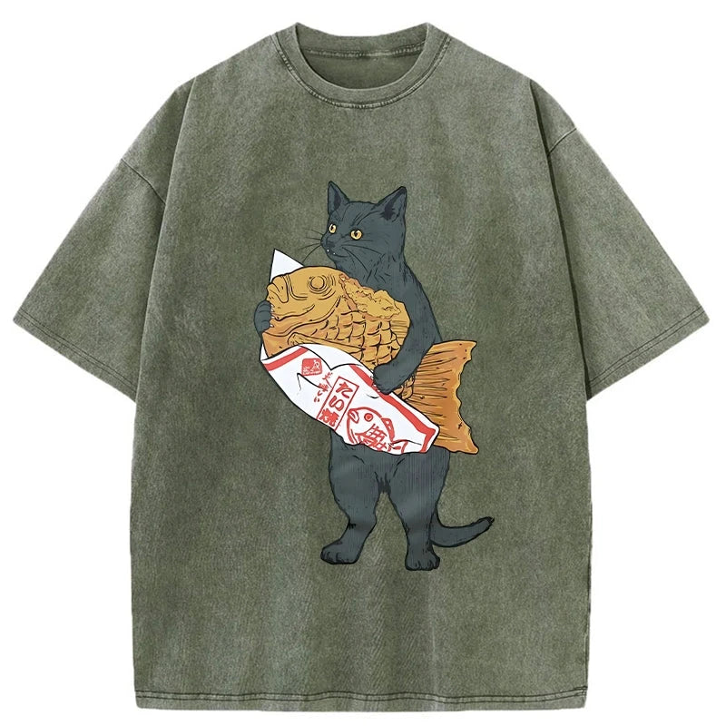 Modecanvas Cat Holding Taiyaki Washed T-Shirt