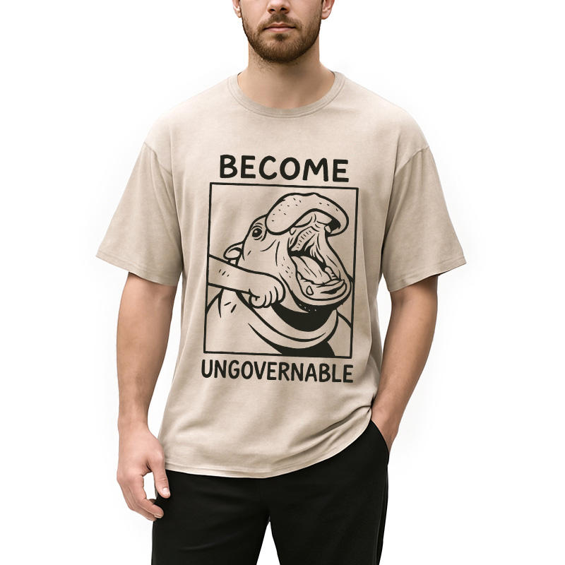 Modecanvas Become Ungovernable Funny Hippo Meme Washed T-Shirt