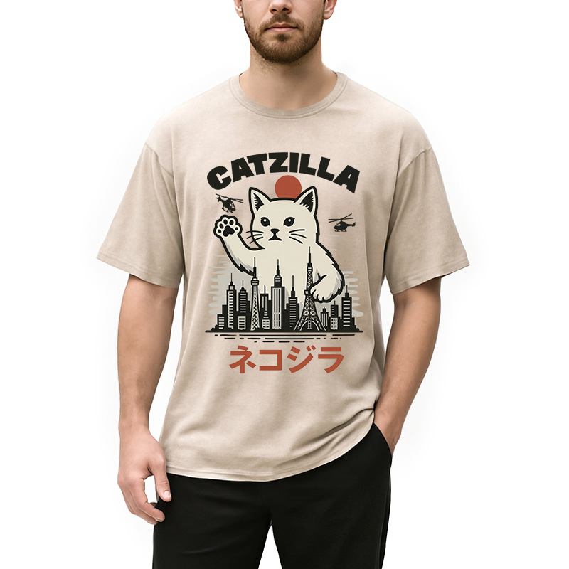 Modecanvas Feline Fury Over Tokyo Washed T-Shirt