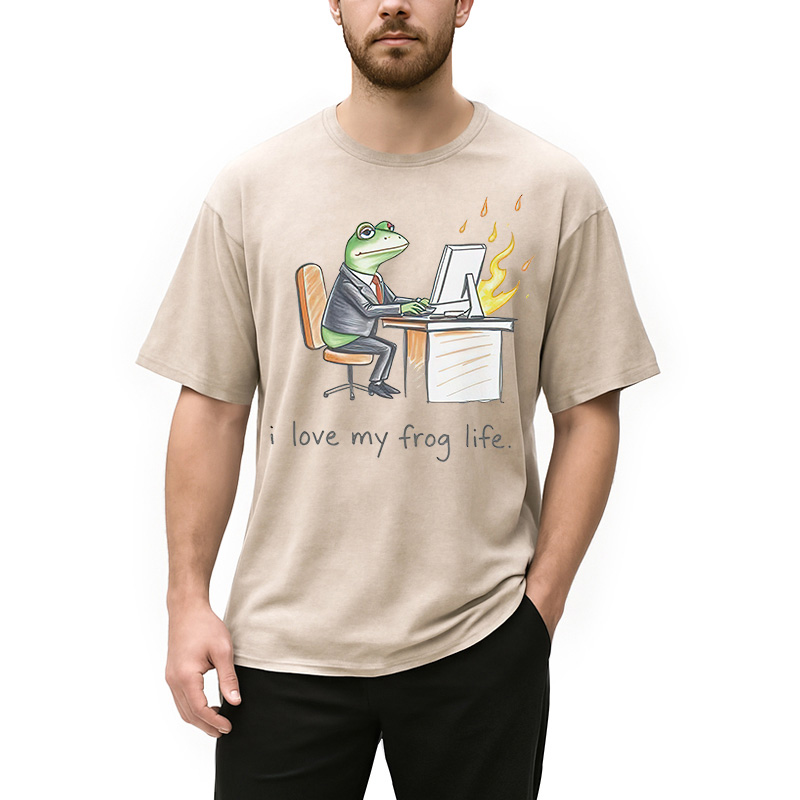 Modecanvas Office Burnout Funny Frog Meme Washed T-Shirt