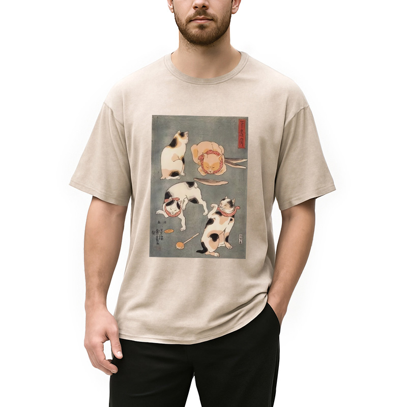 Modecanvas Japanese Four Cats Ukiyo-e Washed T-Shirt