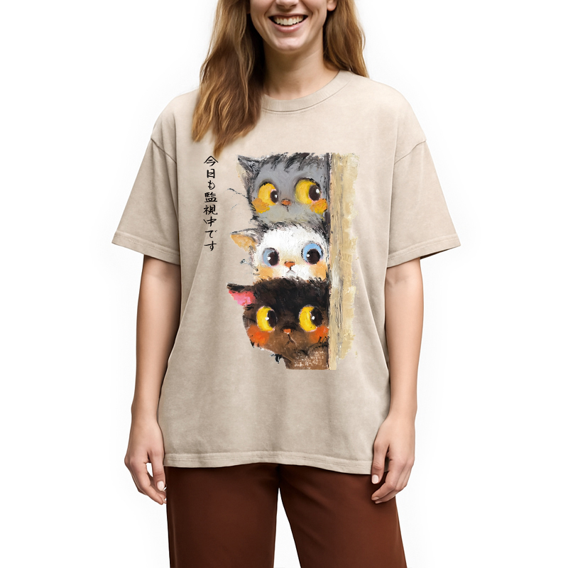 Modecanvas Three Cats Secretly Monitor Washed T-Shirt