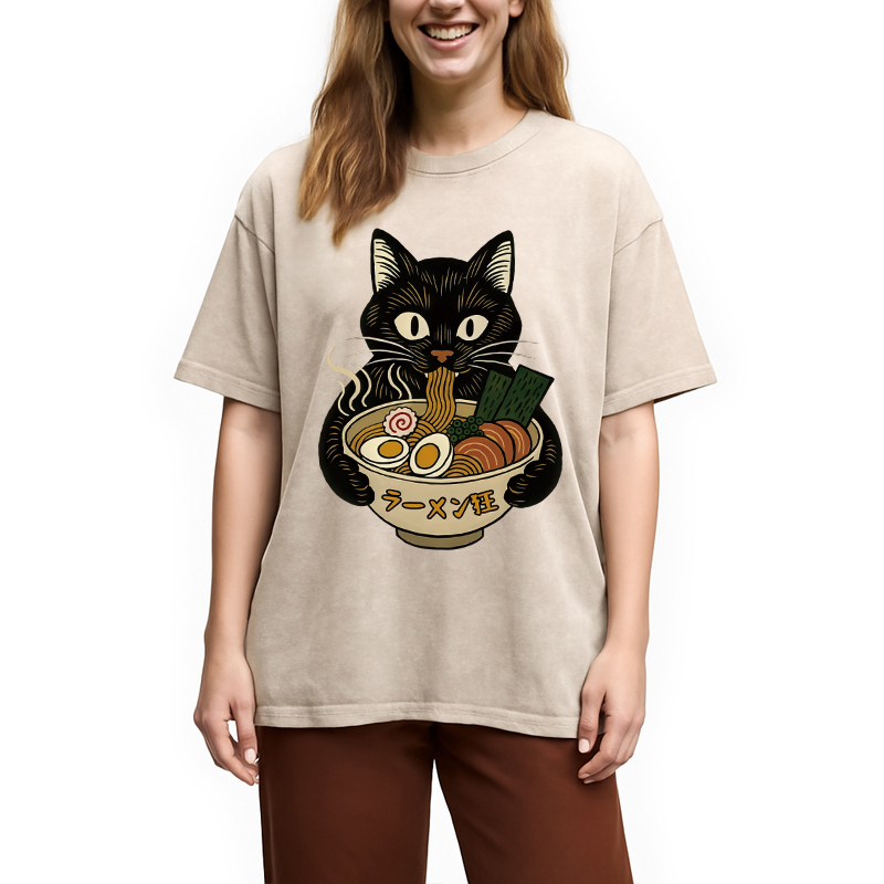 Modecanvas Cat Ramen Fanatic Washed T-Shirt