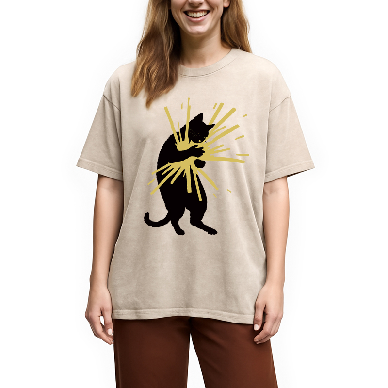 Modecanvas Cat Holding Light Washed T-Shirt