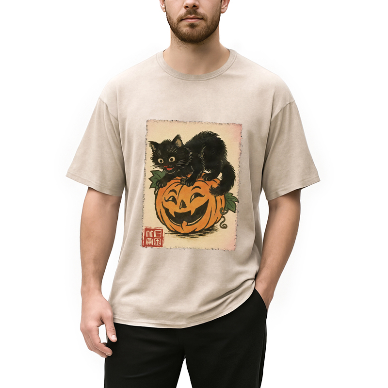 Modecanvas Black Cat And Pumpkin Washed T-Shirt