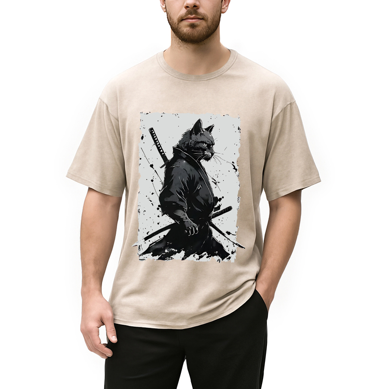 Modecanvas Handsome Samurai Cat Washed T-Shirt