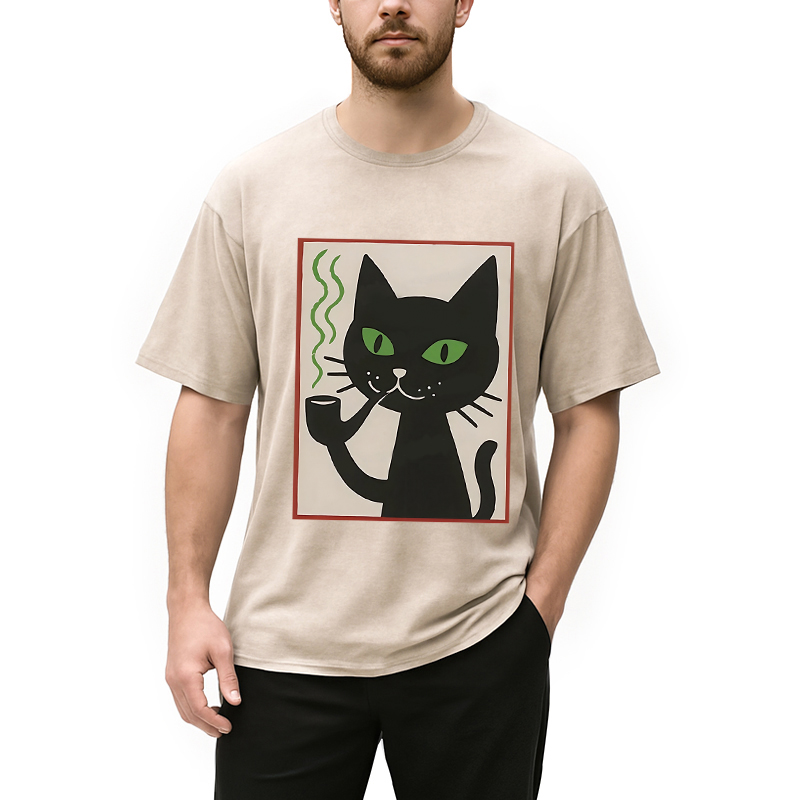 Modecanvas Black Cat Smoking Washed T-Shirt