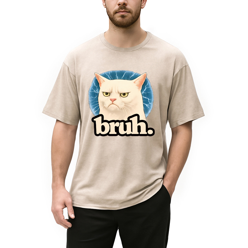 Modecanvas Bruh Cat Meme DTG Printing Washed T-Shirt