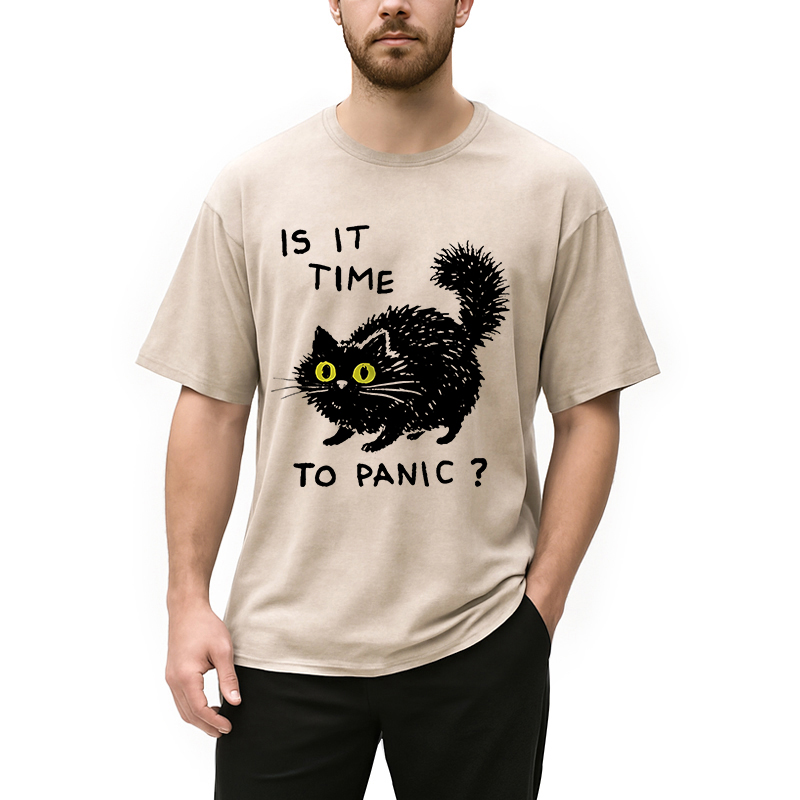 Modecanvas Is It Time to Panic Cat DTG Printing Washed T-Shirt