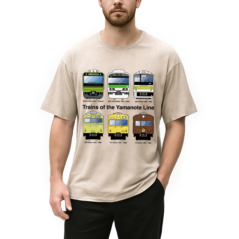 Modecanvas Trains of the Yamanote Line DTG Printing Washed T-Shirt