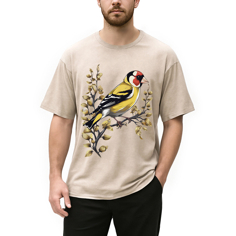 Modecanvas Goldfinch Bird DTG Printing Washed T-Shirt