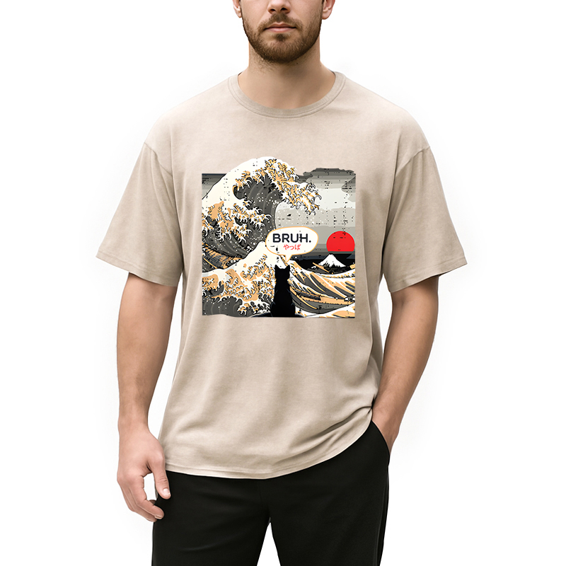 Modecanvas Bruh Cat Great Wave DTG Printing Washed T-Shirt