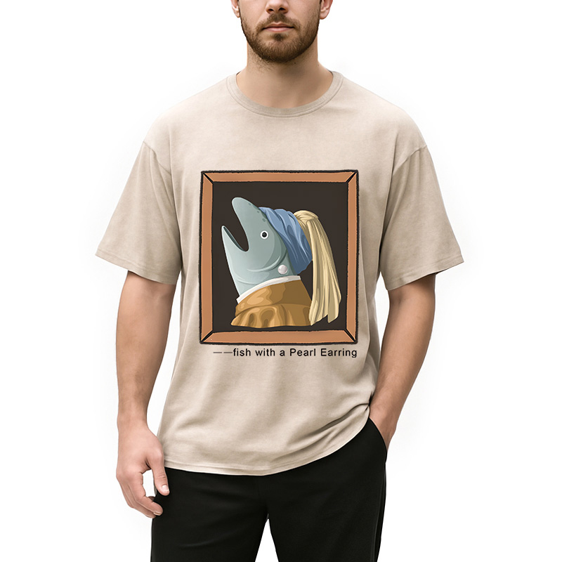 Modecanvas Fish with Pearl Earring DTG Printing Washed T-Shirt
