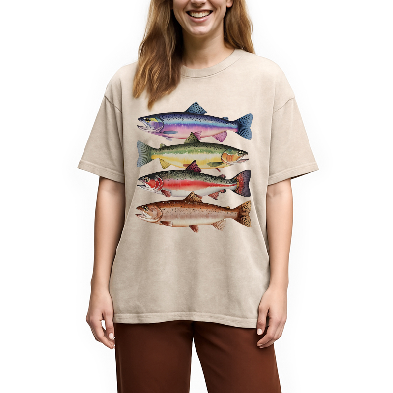 Modecanvas Colorful Rainbow Trout Fish DTG Printing Washed T-Shirt
