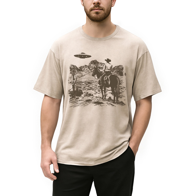 Modecanvas Ufo Western Vintage Cowboy DTG Printing Washed T-Shirt