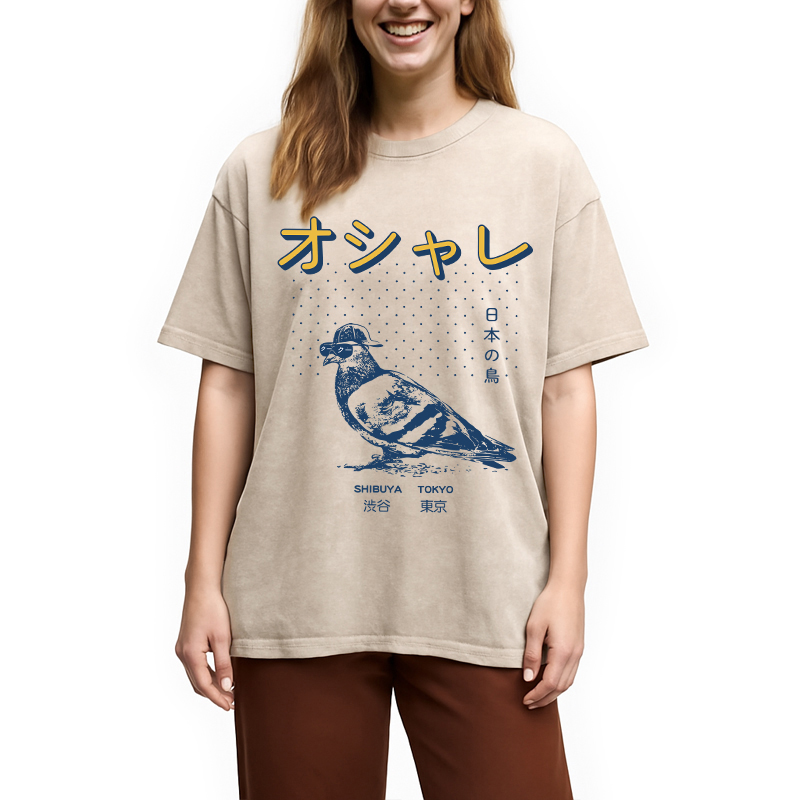 Modecanvas Punny Bird Harajuku DTG Printing Washed T-Shirt