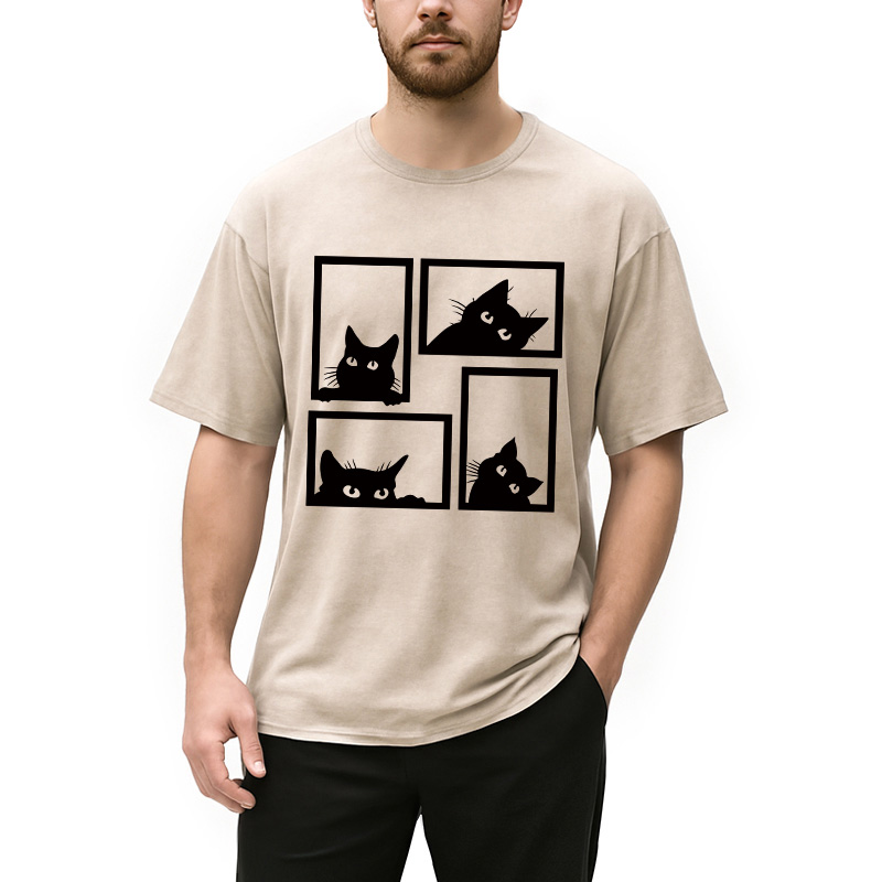 Modecanvas Cats In The Grid DTG Printing Washed T-Shirt