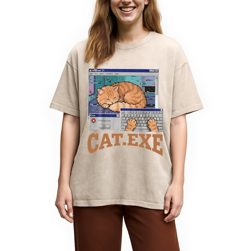 Modecanvas Cat Exe DTG Printing Washed T-Shirt-modecanvas