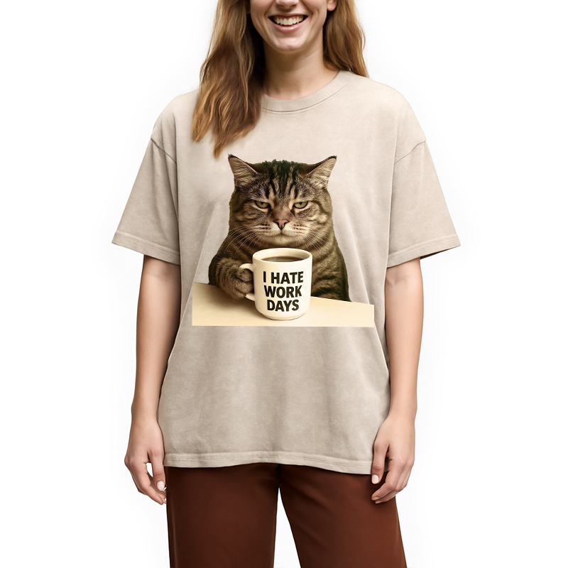 Modecanvas Grumpy Cat Coffee DTG Printing Washed T-Shirt-modecanvas
