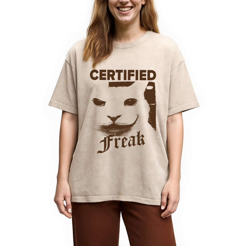 Modecanvas Certified Freak Cat Meme DTG Printing Washed T-Shirt-modecanvas