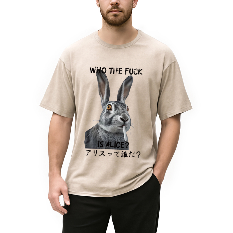 Modecanvas Who The Fvck Is Alice Funny Rabbit Smoking Washed T-Shirt