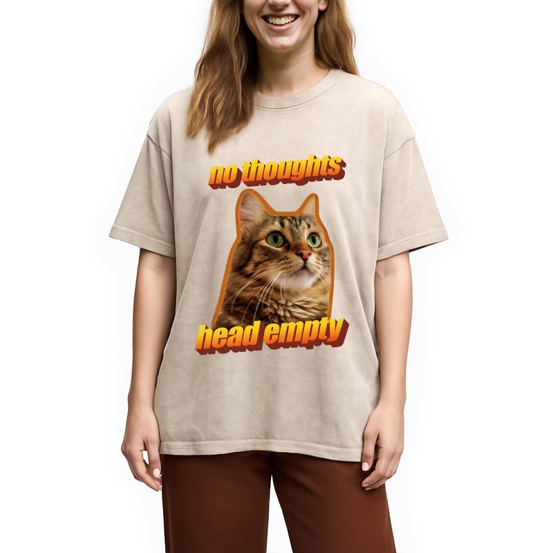 Modecanvas No Thoughts Head Empty Cat Meme DTG Printing Washed T-Shirt-modecanvas