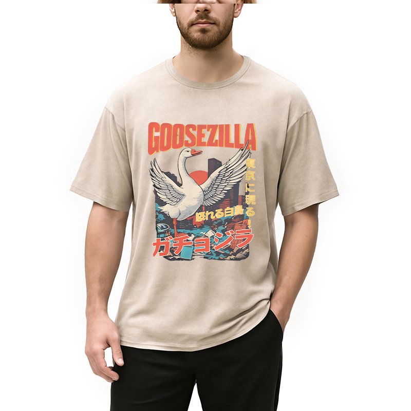 Modecanvas Goosezilla Funny Goose DTG Printing Washed T-Shirt-modecanvas