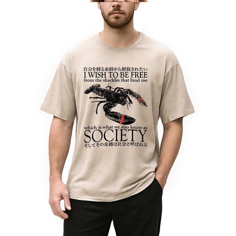 Modecanvas I Wish To Be Free Lobster DTG Printing Washed T-Shirt-modecanvas