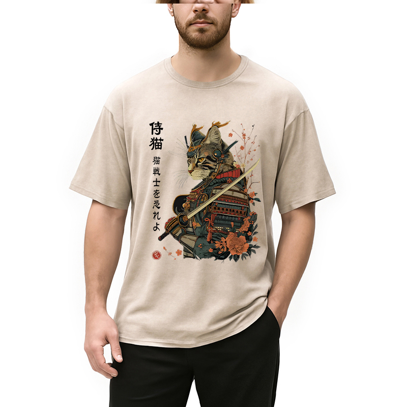 Modecanvas Samurai Cat Japanese Art DTG Printing Washed T-Shirt-modecanvas