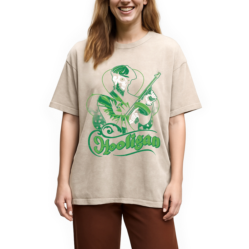 Modecanvas Hooligan Green Skeleton DTG Printing Washed T-Shirt-modecanvas