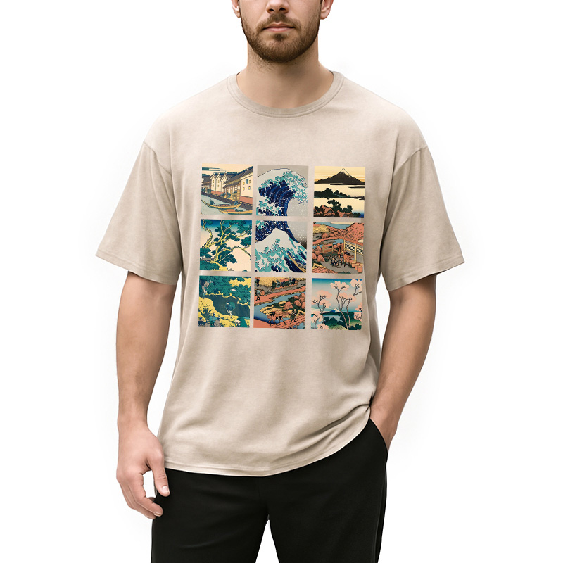 Modecanvas Thirty Six Views Of Mount Fuji DTG Printing Washed T-Shirt-modecanvas
