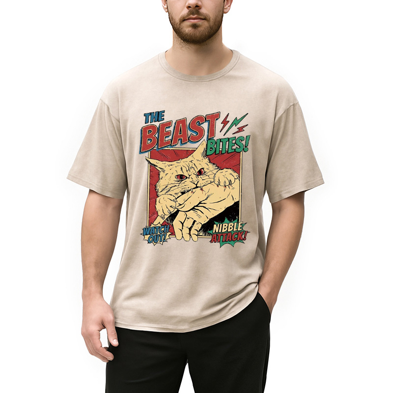 Modecanvas Vintage Horror Cat Bite DTG Printing Washed T-Shirt-modecanvas