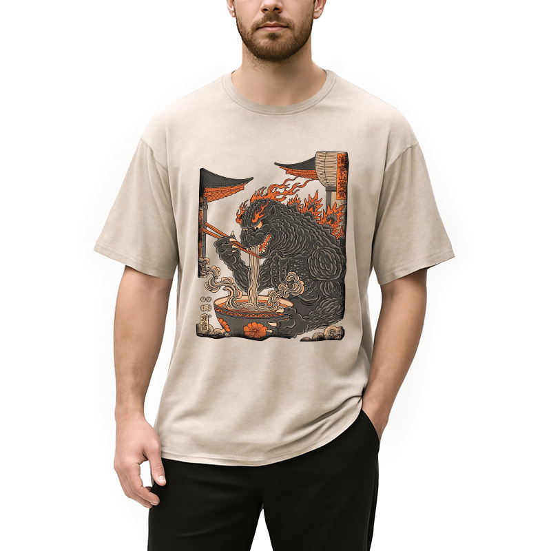 Modecanvas Vintage Monster Ramen DTG Printing Washed T-Shirt-modecanvas