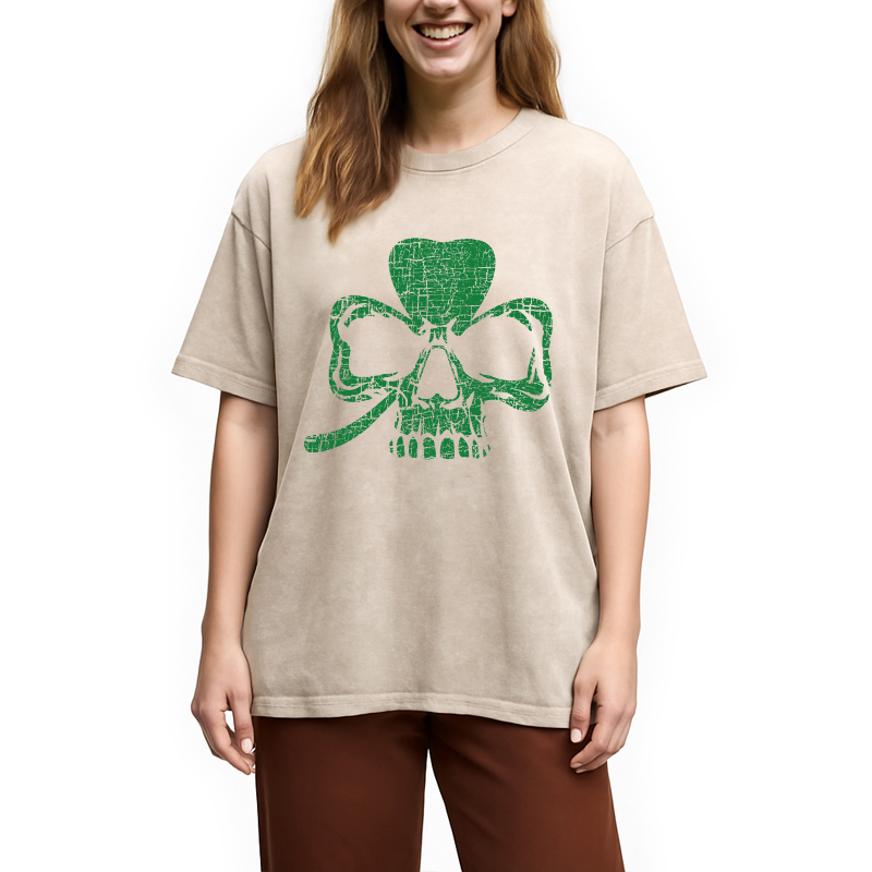 Modecanvas Clover Skull DTG Printing Washed T-Shirt-modecanvas