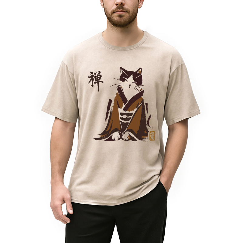 Modecanvas Zen Cat Kimono DTG Printing Washed T-Shirt-modecanvas