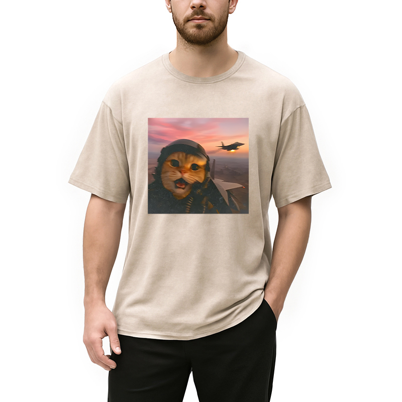 Modecanvas Funny Fighter Pilot Cat DTG Printing Washed T-Shirt