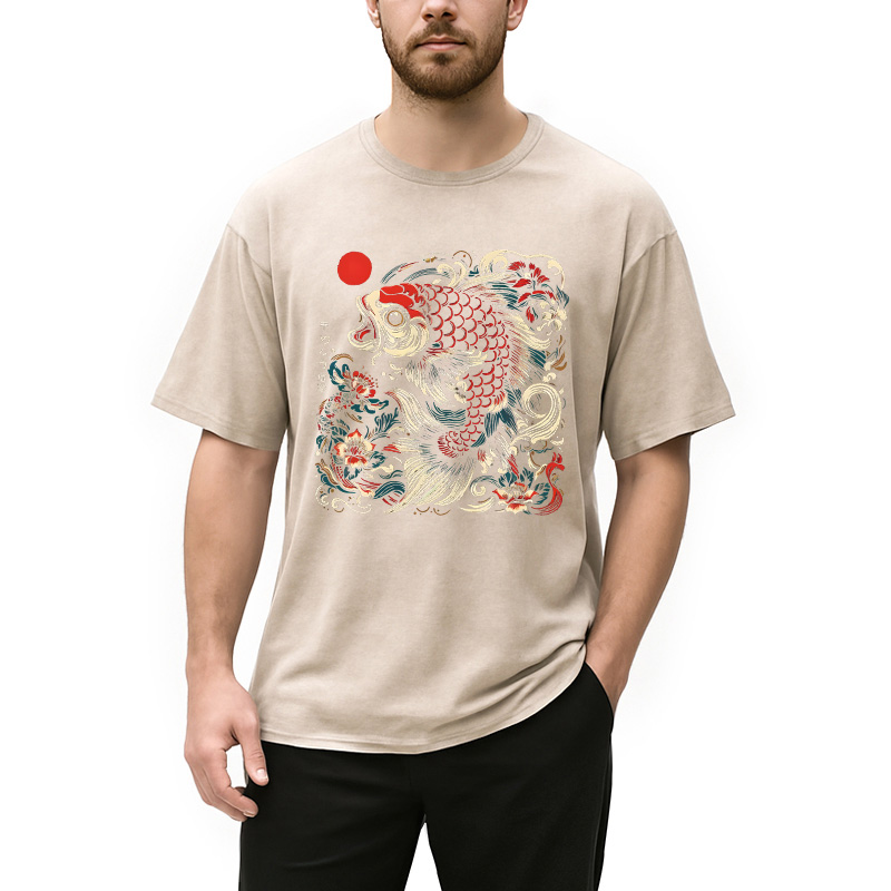 Modecanvas Japanese Koi Fish DTG Printing Washed T-Shirt