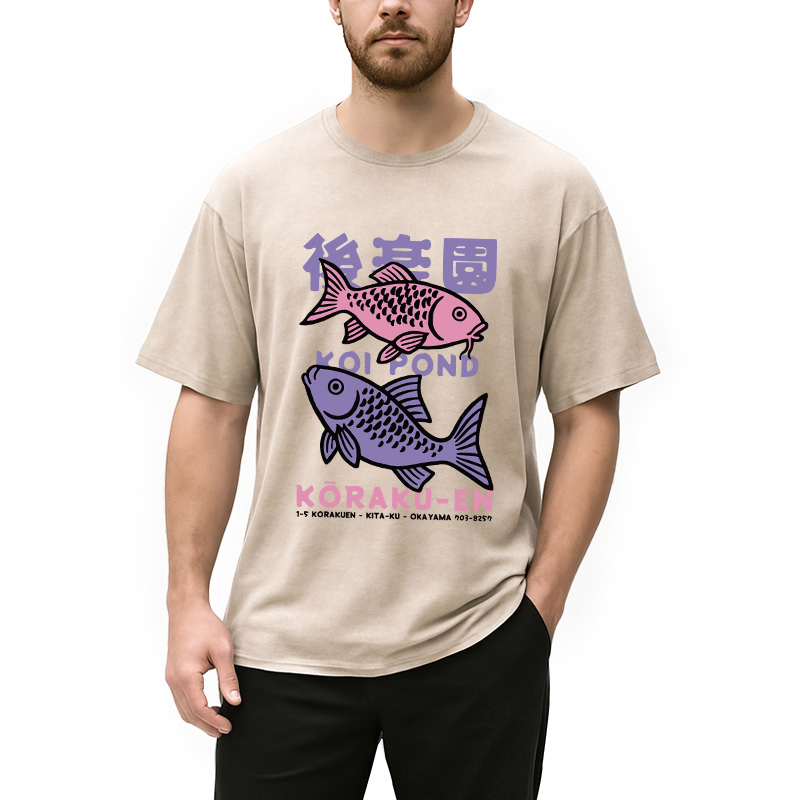 Modecanvas Koi Fish Pond Japanese Washed T-Shirt