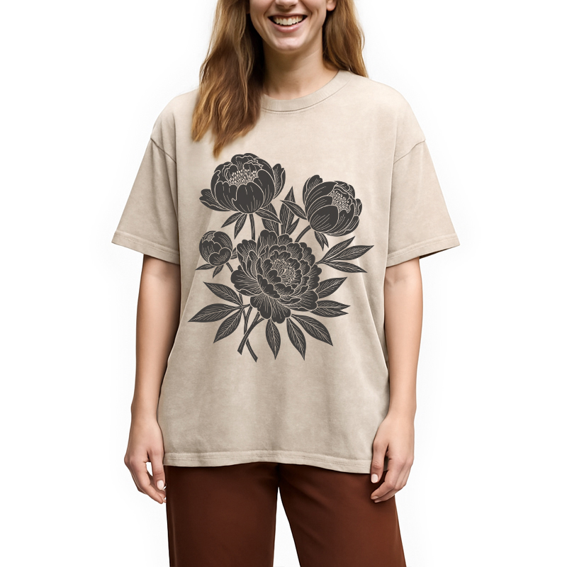 Modecanvas Linocut Floral DTG Printing Washed T-Shirt