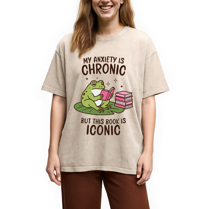 Modecanvas Funny Frog Reading DTG Printing Washed T-Shirt
