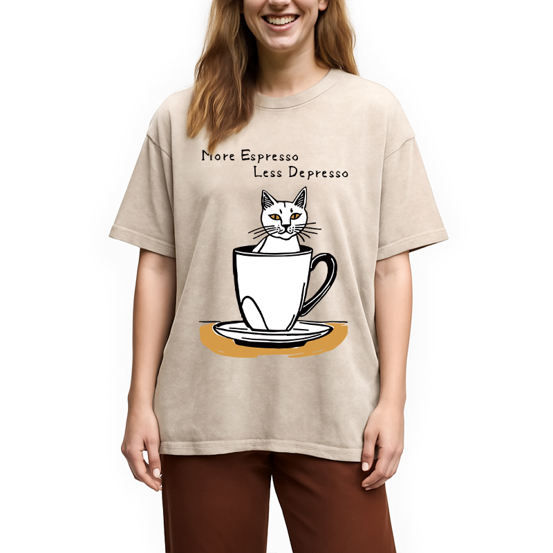 Modecanvas More Espresso Coffee Cat DTG Printing Washed T-Shirt