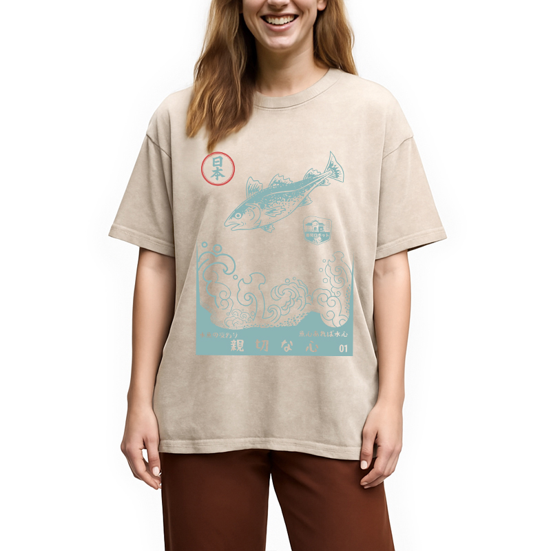 Modecanvas Japanese Fish Vintage Ukiyo-e Wave DTG Printing Washed T-Shirt